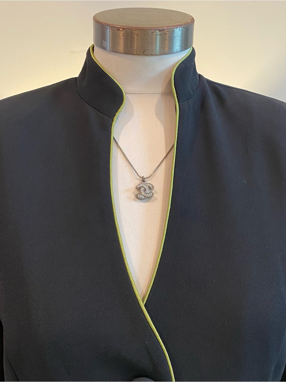 Vintage 90s Black Women's Tailored Jacket Blazer with Lime Green Trim Piping, SM - Picture 2 of 4